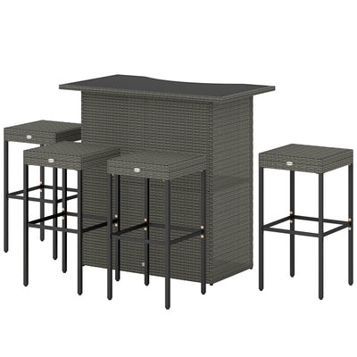5 Piece Rattan Wicker Bar Set, High Top Outdoor Table and Chairs, Bar Height Patio Set, 2 Shelves & 4 Bar Stools