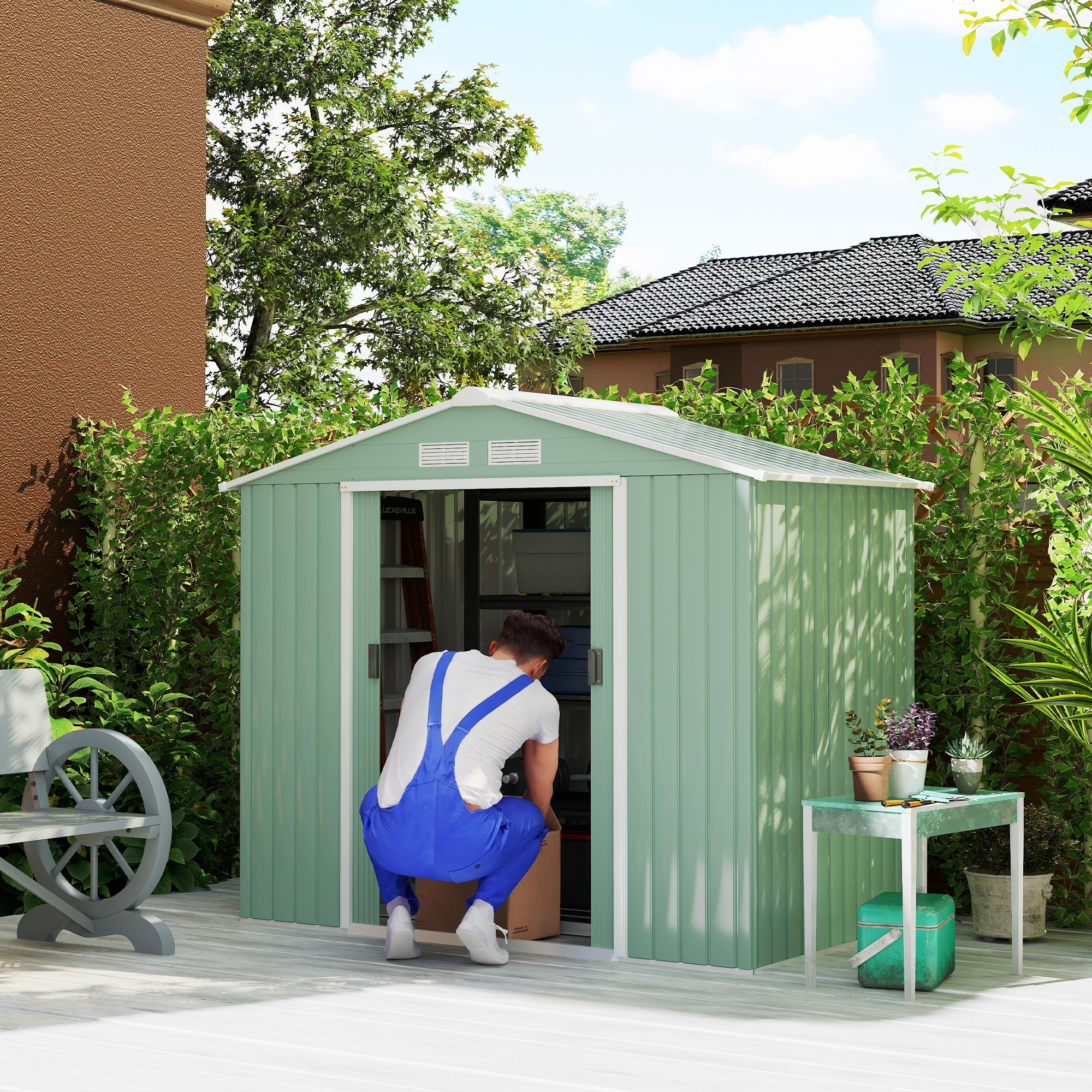 7' x 4' Outdoor Storage Shed, Garden Tool Metal Shed with Foundation Kit, Double Lockable Door, Air Vents and Sloping Roof, for Backyard, Patio, Lawn