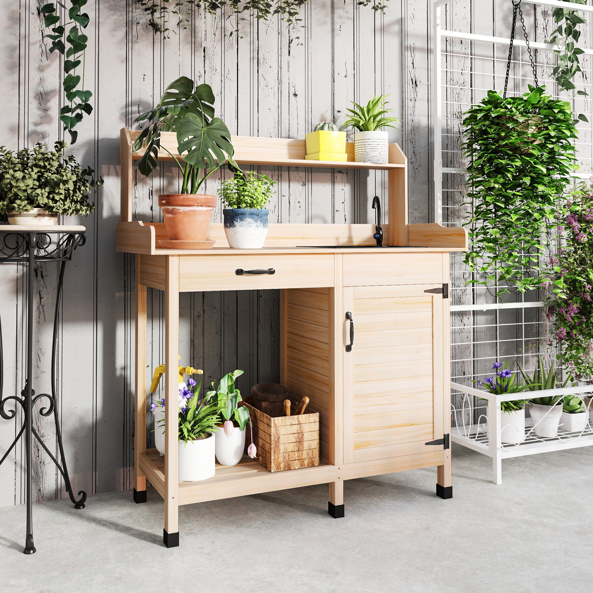 Potting Bench Table with Removable Sink, Outdoor Work Bench Table with Storage Cabinet, Hooks, Faucet and Drawer for Greenhouse, Garden, Patio