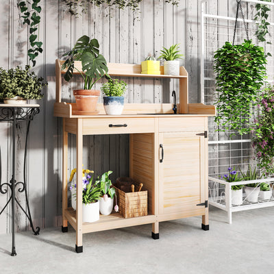 Potting Bench Table with Removable Sink, Outdoor Work Bench Table with Storage Cabinet, Hooks, Faucet and Drawer for Greenhouse, Garden, Patio