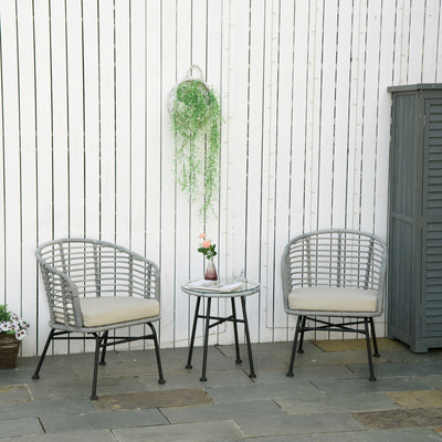 3 Piece Patio Bistro Set, PE Rattan with Cushioned Barrel Chairs & Glass Coffee Table, Conversation Set, Cream White