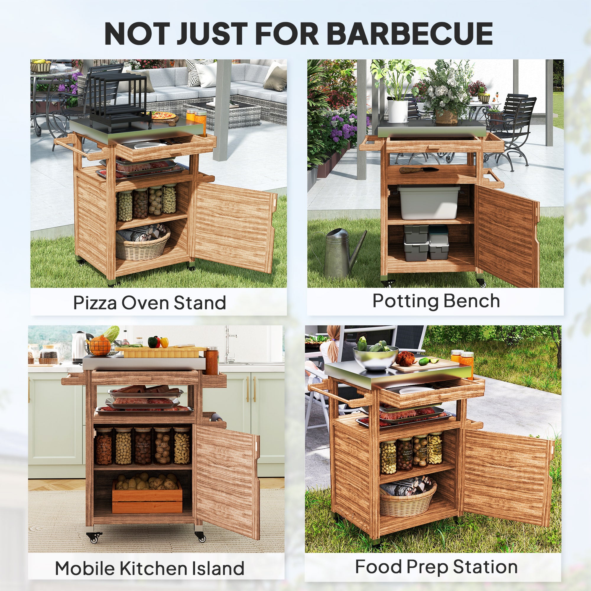 Outdoor Grill Cart with Stainless Steel Top, Solid Wood Outdoor Kitchen Island with Wheels, Drawer, Side Handle, Brown