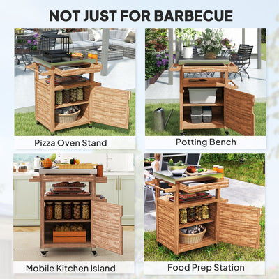 Outdoor Grill Cart with Stainless Steel Top, Solid Wood Outdoor Kitchen Island with Wheels, Drawer, Side Handle, Brown