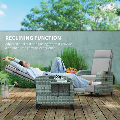 Outdoor Recliner Chair with Cushions, Reclining Patio Lounge Chair with Adjustable Footrest, Armrests, Tray Table