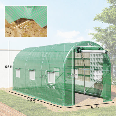 Hoop House Greenhouse, Walk-in Tunnel Greenhouse with 2 Support Rods, Zippered Roll-up Mesh Door, 14.6'x6.5'x6.6'