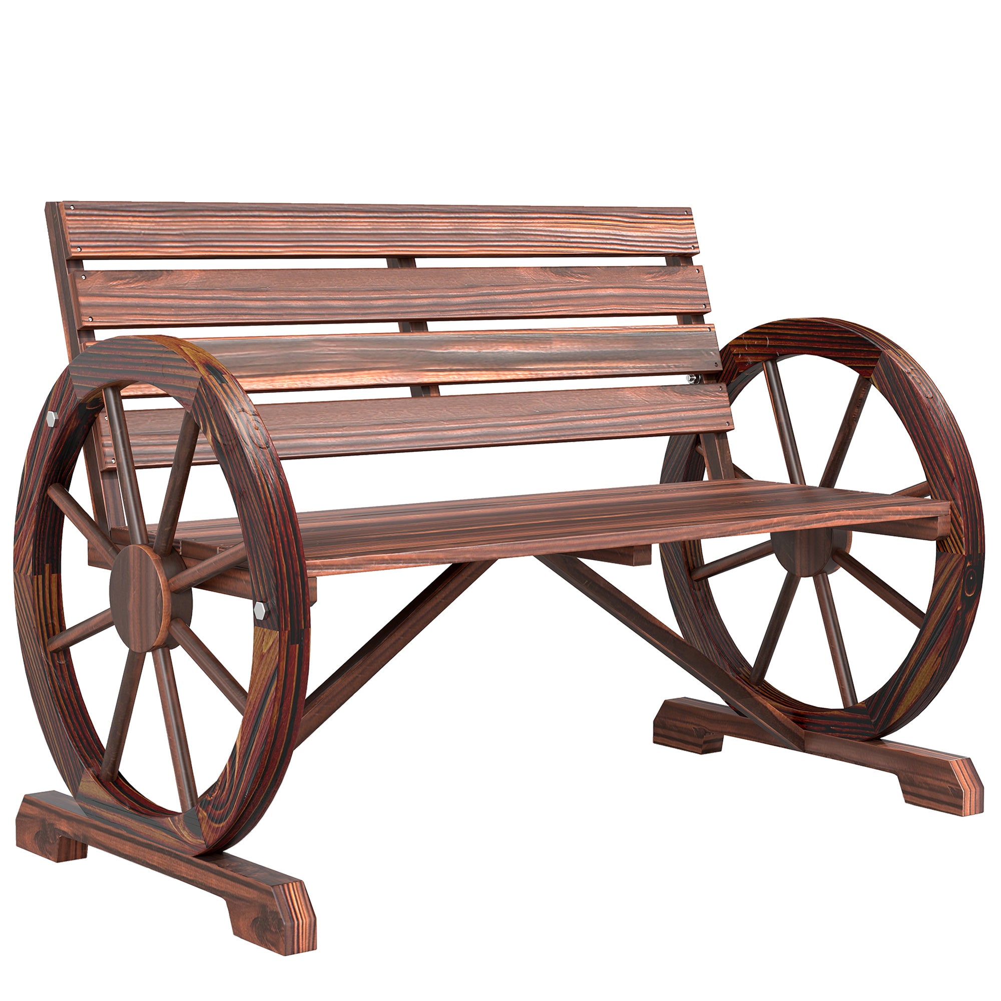41" Wooden Wagon Wheel Bench, Rustic Outdoor Patio Bench Weather Resistance Furniture, 2-Person Slatted Seat with Backrest