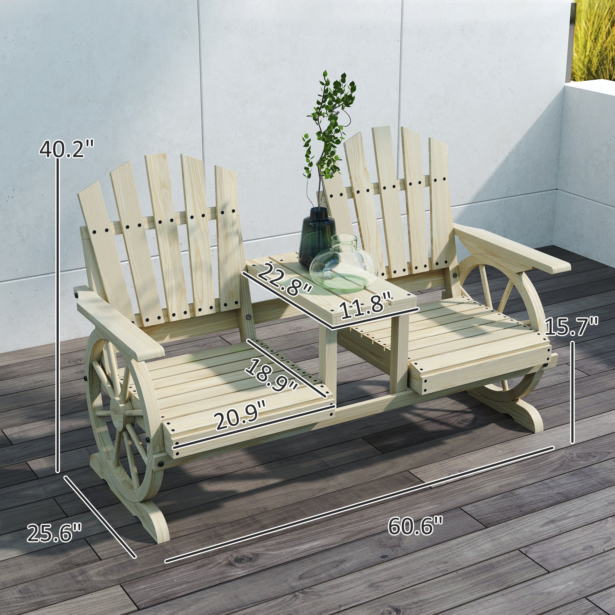 2-Seat Wooden Garden Bench with Table, Umbrella Hole, High Backrest, Armrests for Backyard, Patio, Garden, Natural Wood