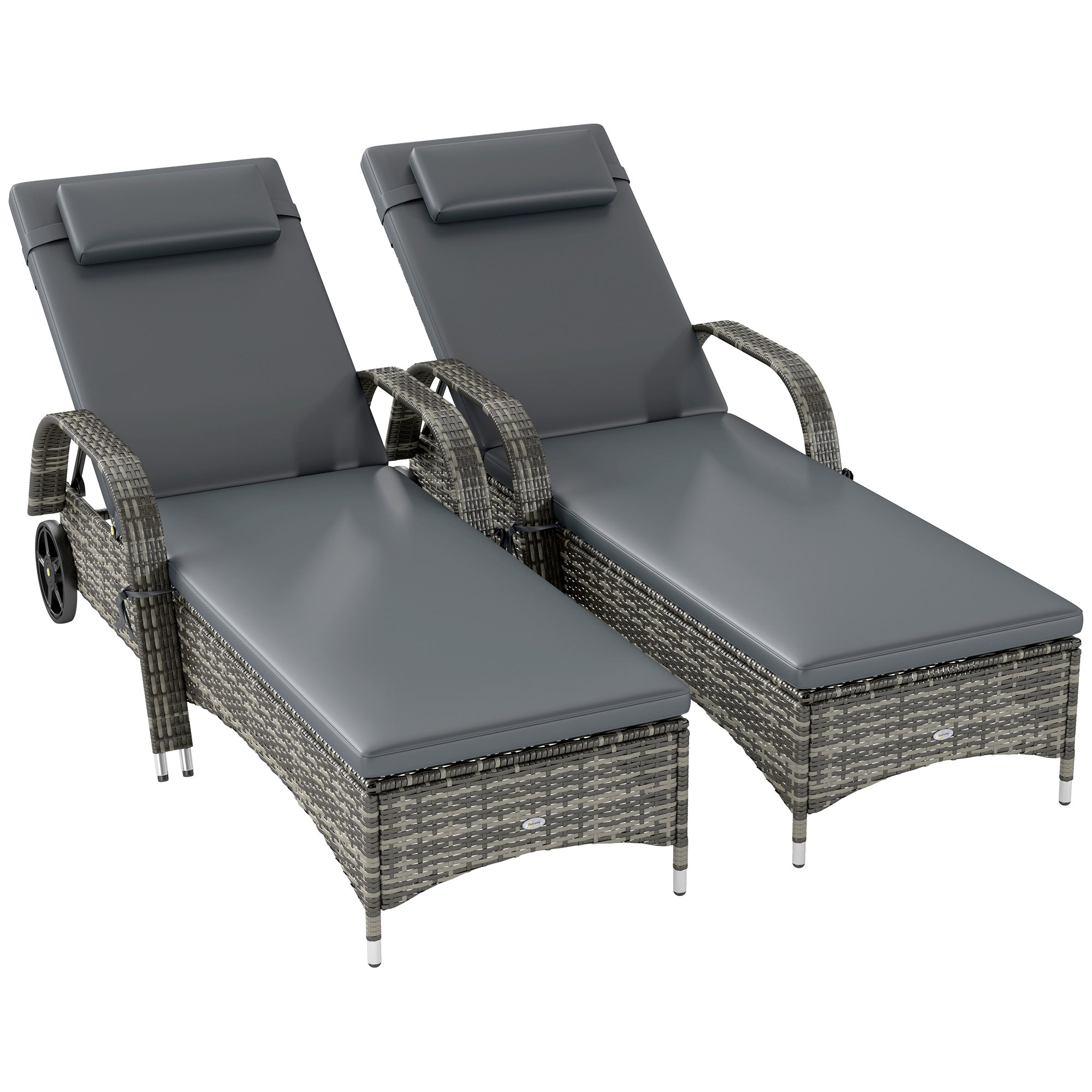 2 Reclining Chaise Lounge Chairs, Rolling Outdoor Chairs with Cushion, Pillow, Headrest, Armrests, and Wheels