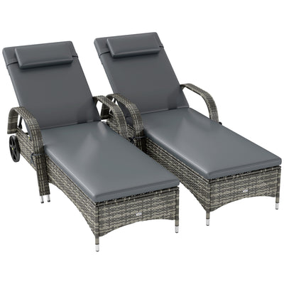 2 Reclining Chaise Lounge Chairs, Rolling Outdoor Chairs with Cushion, Pillow, Headrest, Armrests, and Wheels