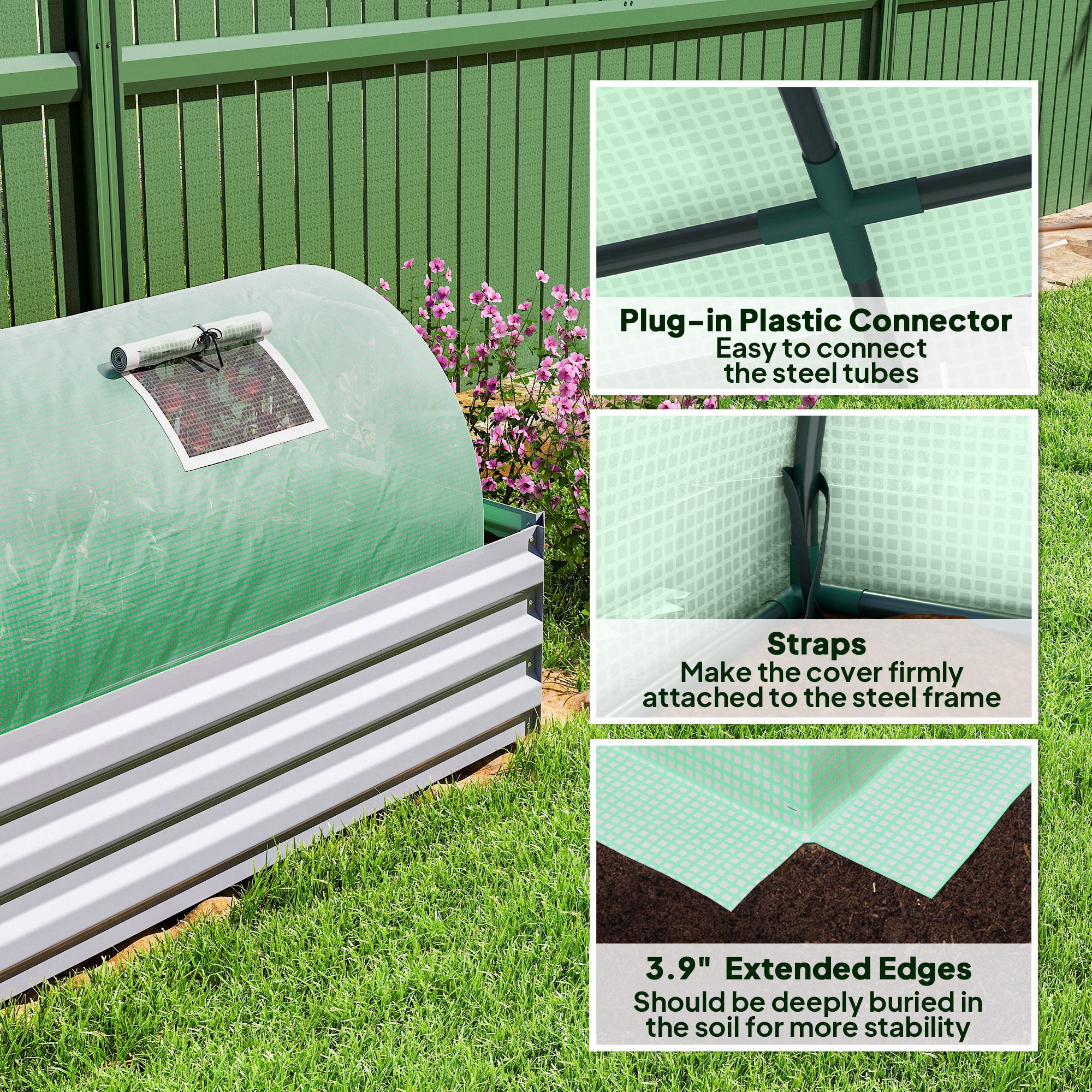 Mini Greenhouse with 5 Mesh Windows, Portable Plant Hot House with PE Cover and Steel Frame, 10' x 3' x 2' , Green