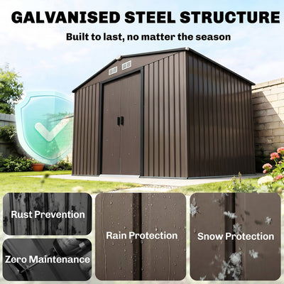 Outdoor Shed Garden Storage Shed Tool Storage Building with 4 Vents and 2 Sliding Doors, 9 x 6 FT, Brown