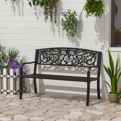 50" 2-Person Garden Bench Loveseat with Cast Iron Decorative Welcome Vines, Outdoor Patio Bench for Backyard, Porch, Entryway