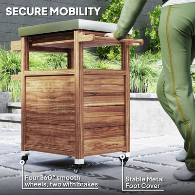 Outdoor Grill Cart with Stainless Steel Top, Solid Wood Outdoor Kitchen Island with Wheels, Drawer, Side Handle, Brown