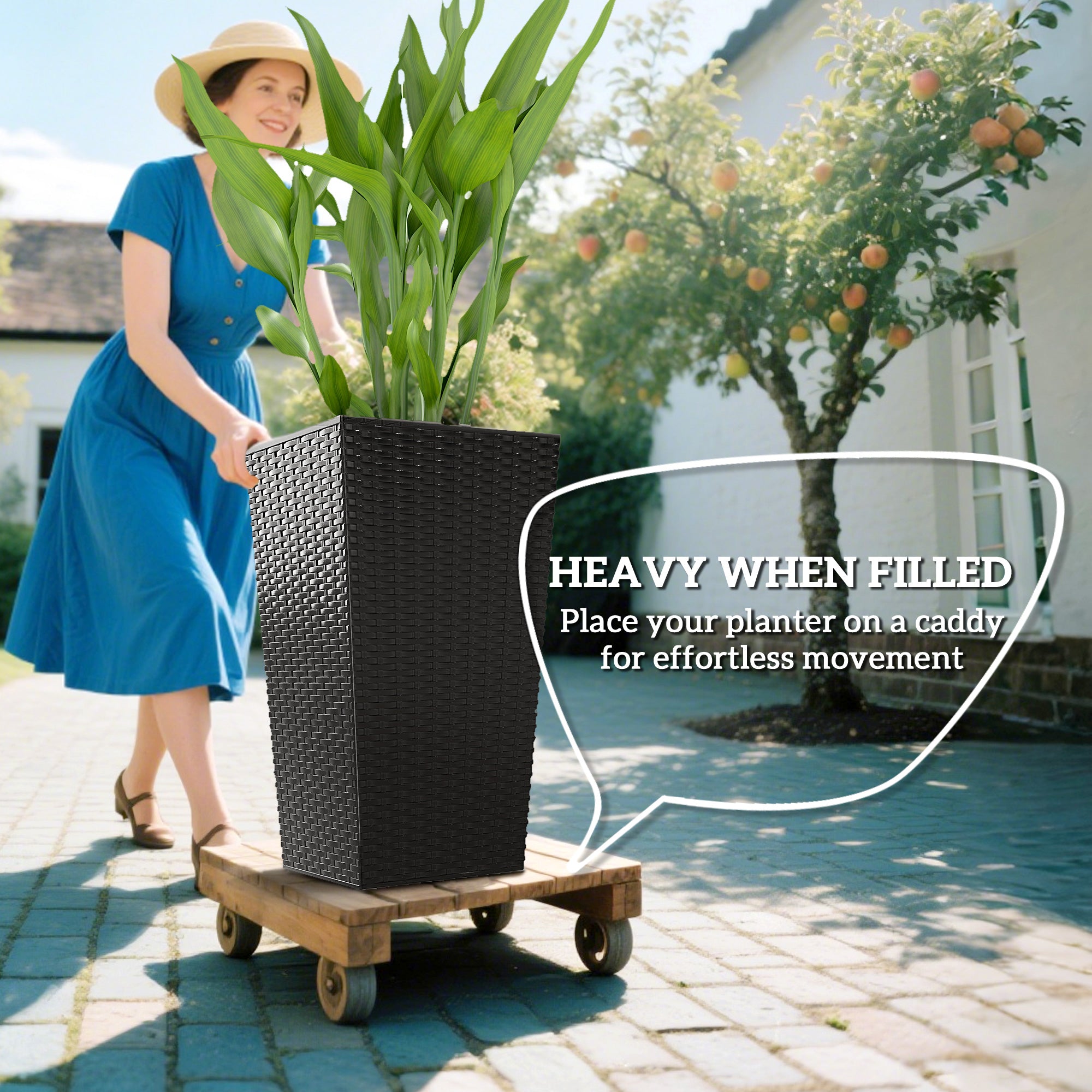 Tall Planters for Outdoor Plants Set of 3, 24 In Taper Planters with Drainage Holes, Rattan Decor Plant Pots for Indoor Outdoor Front Porch Patio Backyard, Black