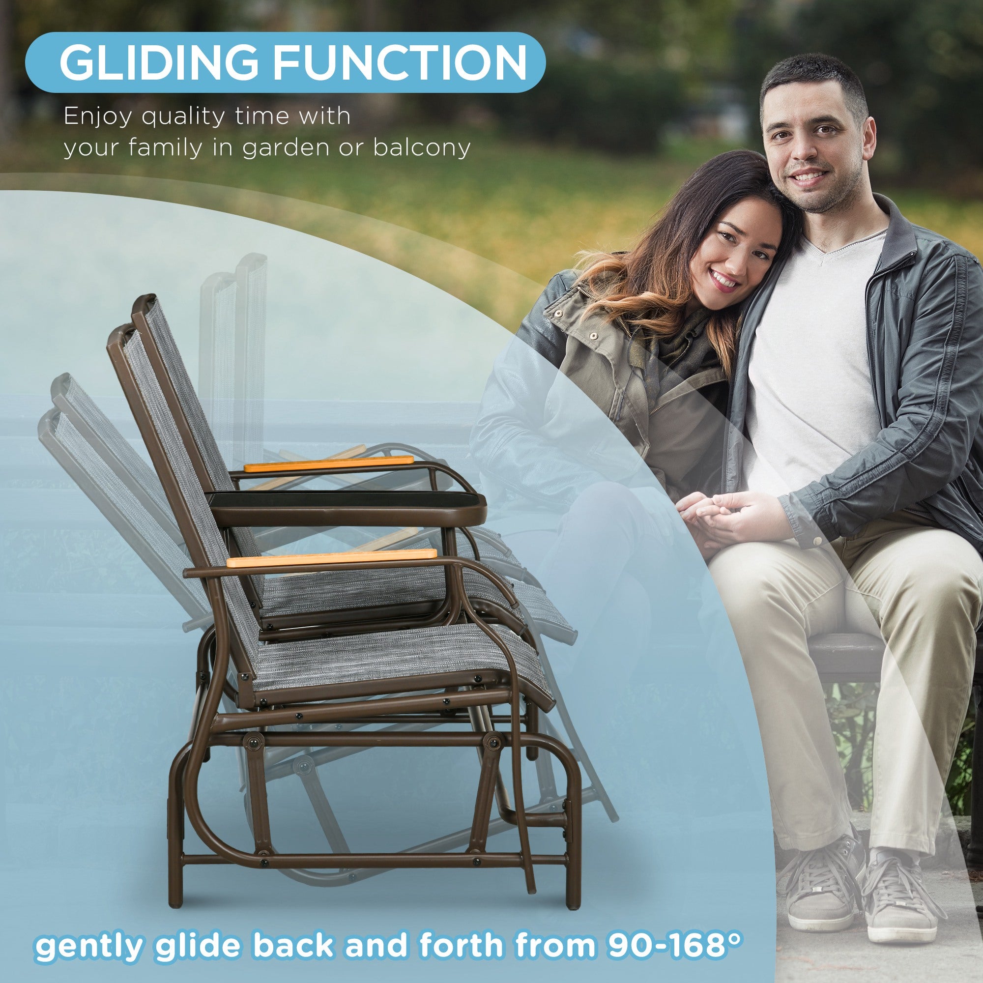 Outdoor 2-Person Glider Bench, Outside Glider Swing Chair Loveseat with Table, Steel Frame