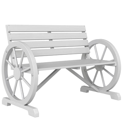 41" Wooden Wagon Wheel Bench, Rustic Outdoor Patio Weather Resistance Furniture, 2-Person Slatted Seat Bench with Backrest, Light Gray