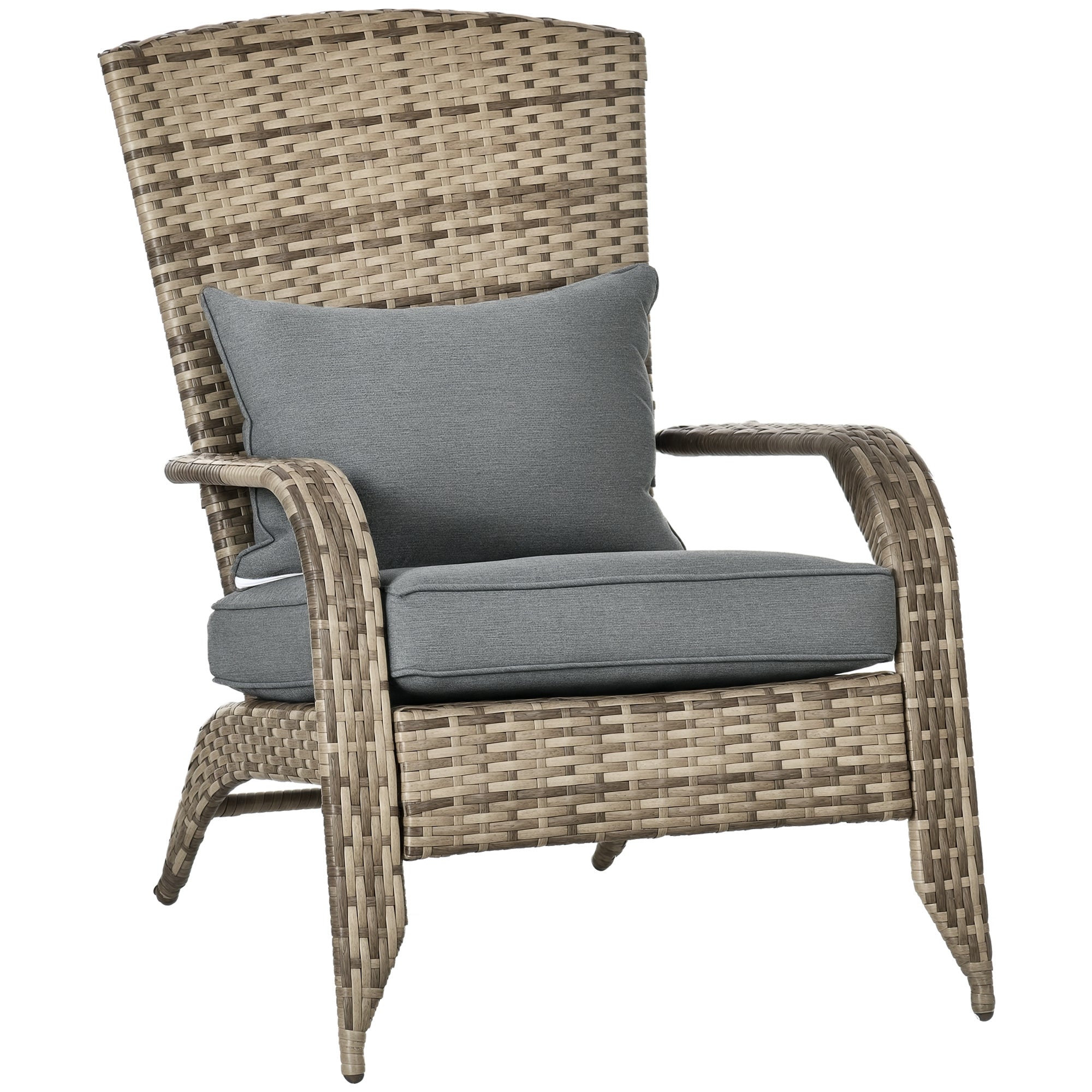 Patio Wicker Adirondack Chair, Outdoor All-Weather Rattan Fire Pit Chair w/ Soft Cushions, Tall Curved Backrest and Comfortable Armrests for Deck or Garden, Mixed Tan/Dark Gray