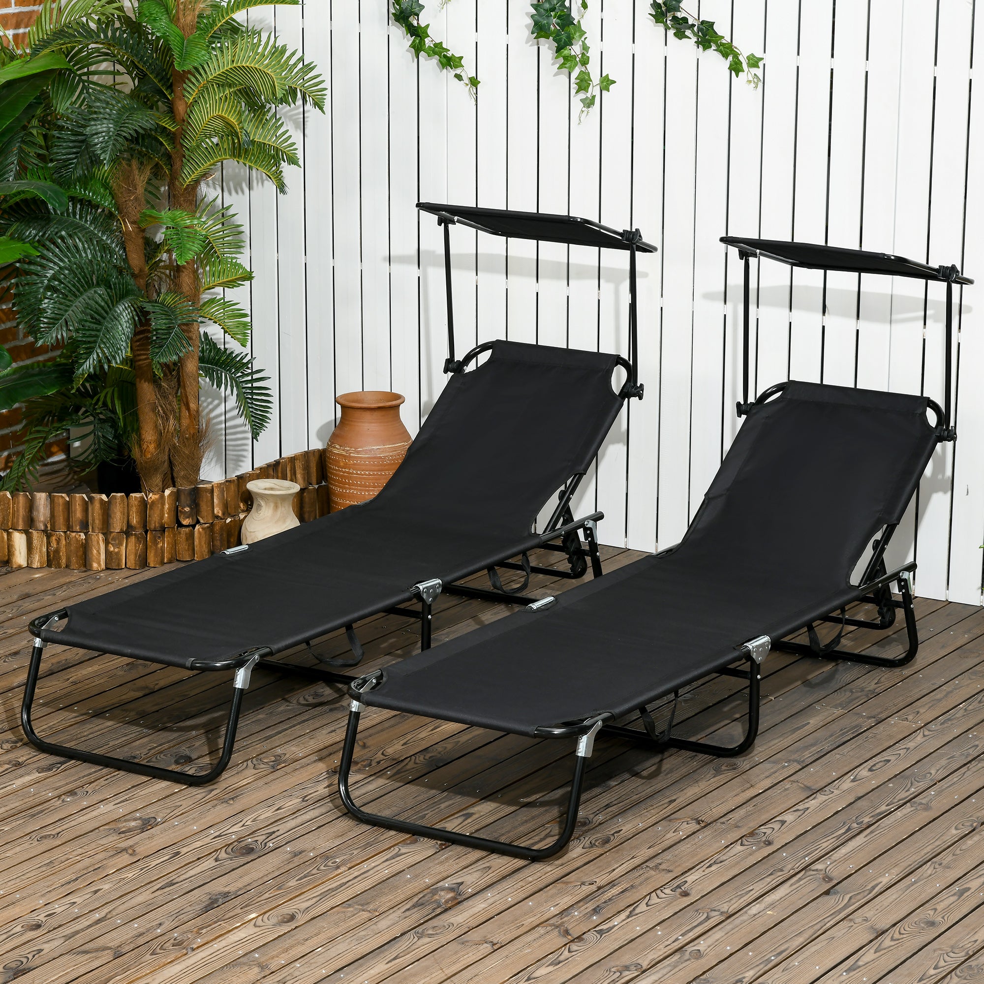 Chaise Pool Lounge Chairs Set of 2, Outdoor Sun Tanning Chairs, Reclining Back, Steel Frame and Side Pocket