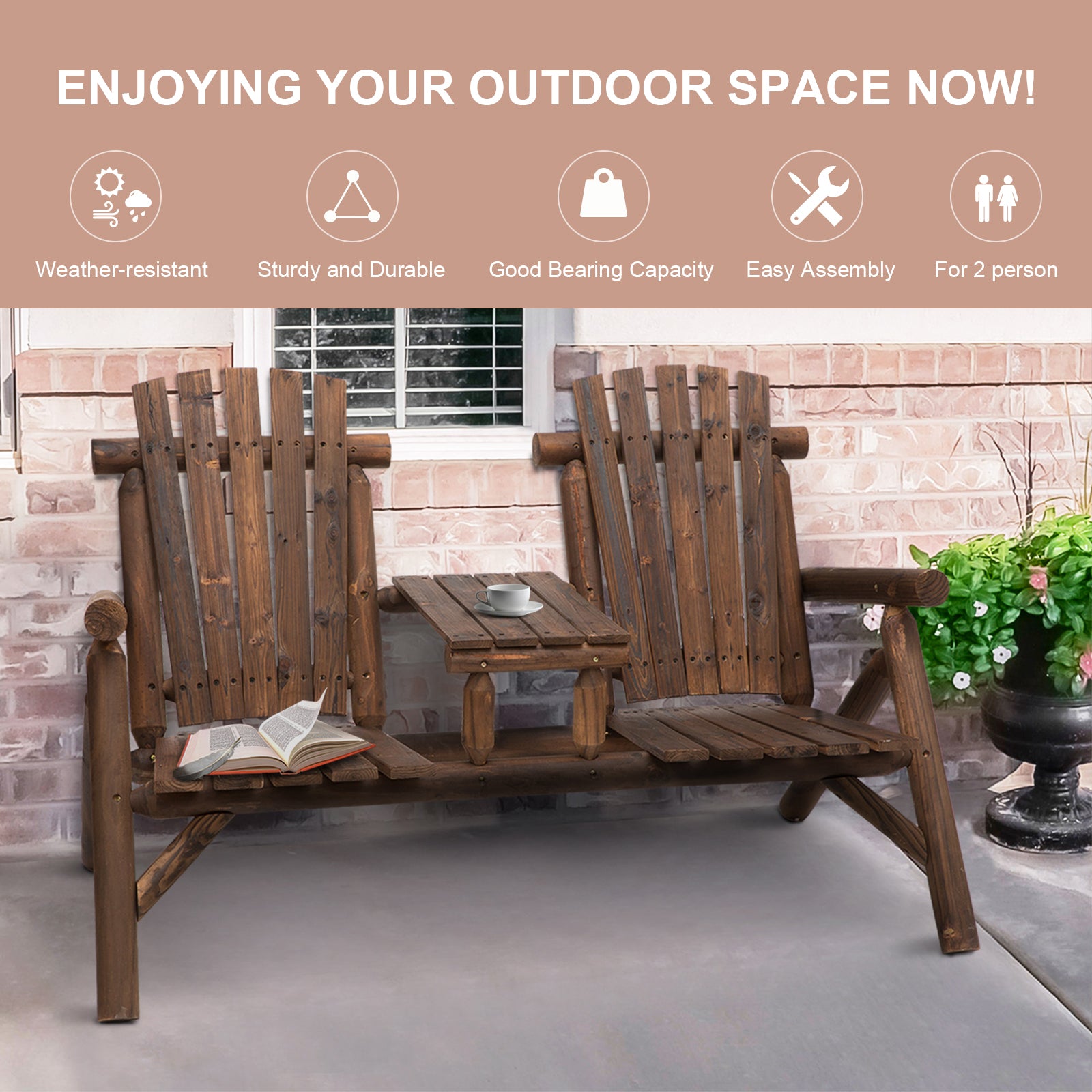 2-Seat Wooden Adirondack Chair, Patio Bench with Table, Outdoor Loveseat Fire Pit Chair for Porch, Backyard, Deck