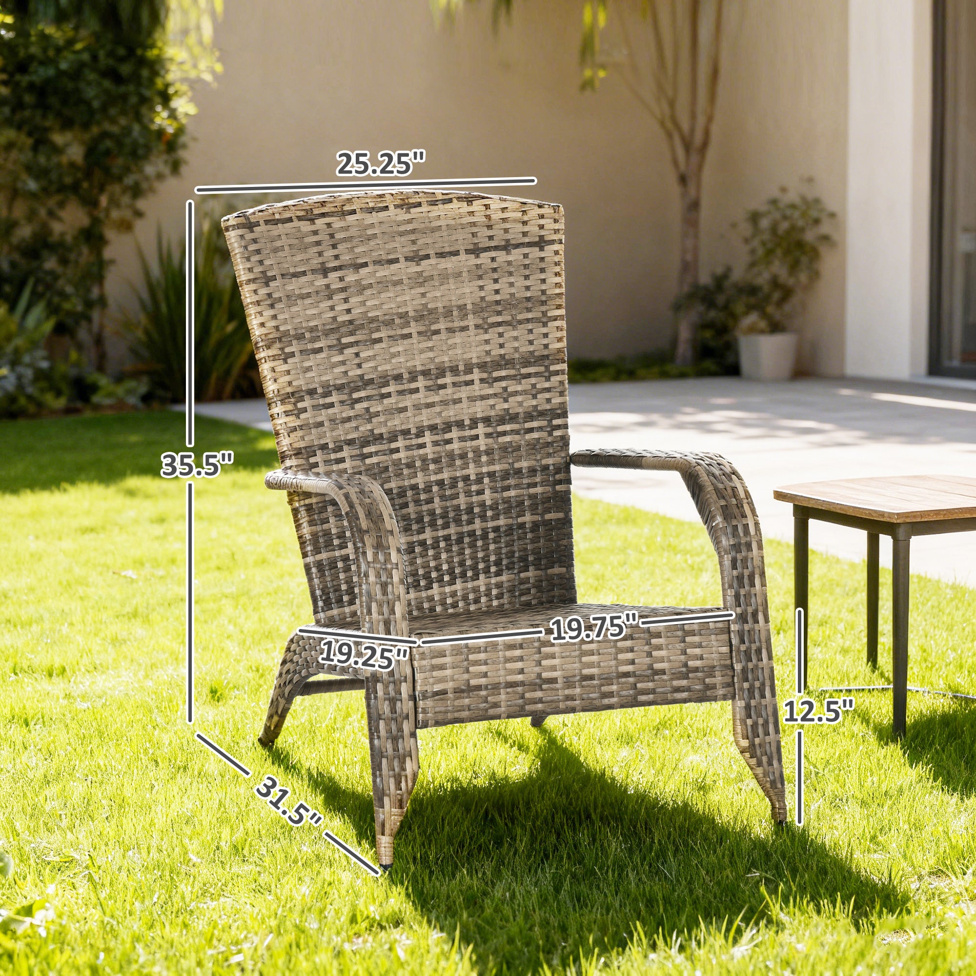 Patio Wicker Adirondack Chair, Outdoor All-Weather Rattan Fire Pit Chair w/ Soft Cushions, Tall Curved Backrest and Comfortable Armrests for Deck or Garden, Mixed Tan/Dark Gray