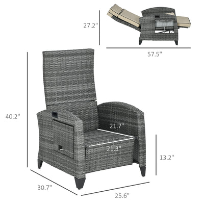 Outdoor Recliner Chair with Cushions, Reclining Patio Lounge Chair with Adjustable Footrest, Armrests, Tray Table