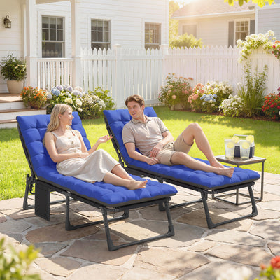 Folding Chaise Lounge Chair Outdoor Tanning Chair Set of 2 with 5-Position Backrest, Cushions, Side Pocket