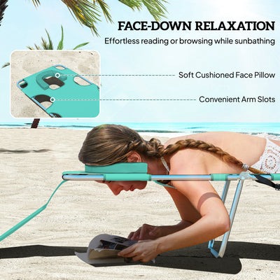 Tanning Chair with Face Hole, 5-Level Adjustable Outdoor Chaise Lounge Chair with Pillow for Beach, Pool