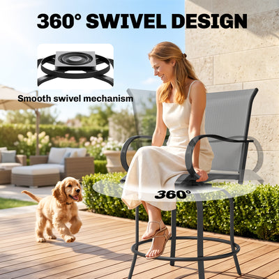 Outdoor Bar Stools Set of 2, 360° Swivel Bar Height Chairs, 26.75" x 29.5" x 48.5"
