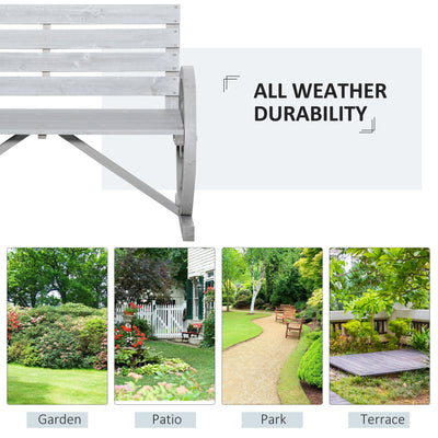 41" Wooden Wagon Wheel Bench, Rustic Outdoor Patio Weather Resistance Furniture, 2-Person Slatted Seat Bench with Backrest, Light Gray