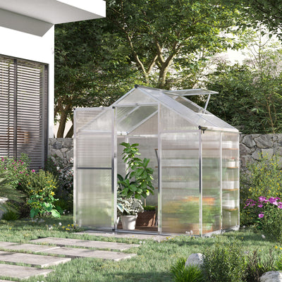 6' L x 6' W Walk-In Polycarbonate Greenhouse with Roof Vent for Ventilation & Rain Gutter for Winter