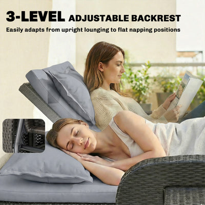 Patio Rattan Daybed, Wicker Outdoor Daybed with Storage Ottoman, Loveseat w/ Adjustable Backrest