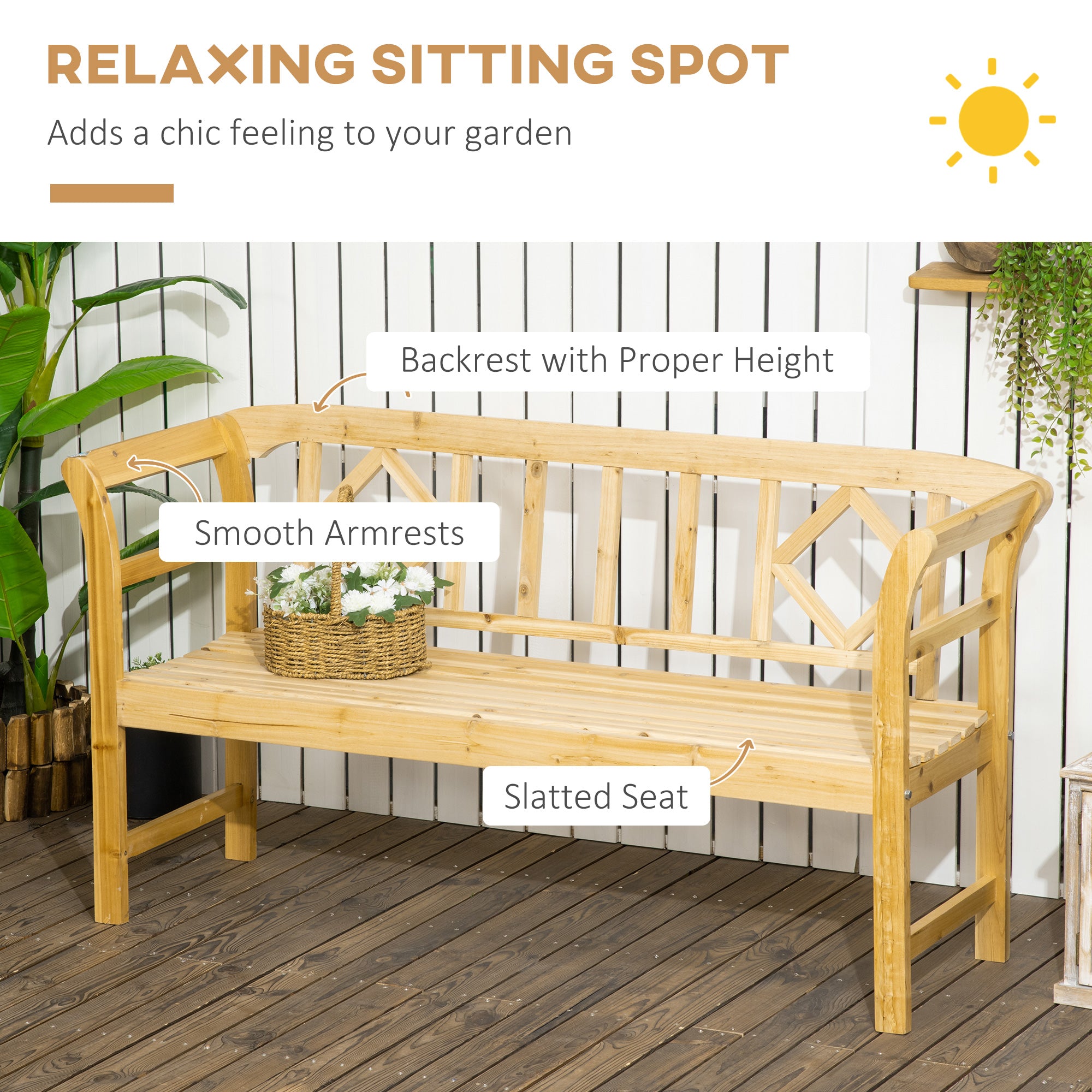 Wooden Patio Bench, Outdoor Garden Bench with Backrest and Armrests, 3 Person Porch Bench with Rustic Country Diamond Pattern, Natural