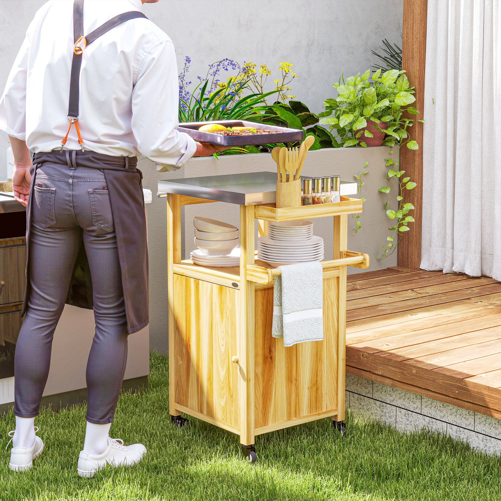 Outdoor Grill Cart w/ Stainless Steel Top, Solid Wood Outdoor Kitchen Island w/ Wheels, Integrated Hole