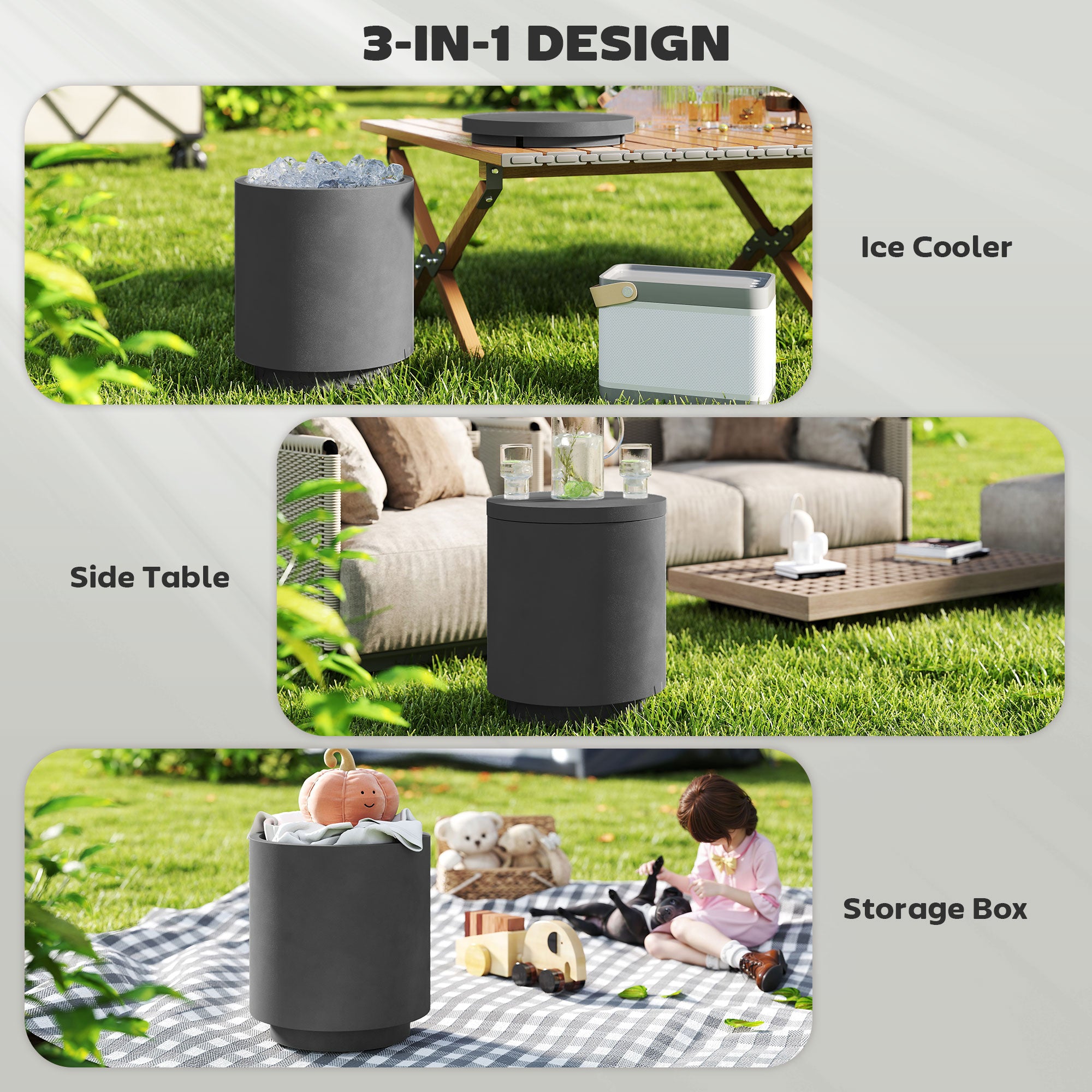 2.6 Gal Outdoor Side Table, 3-In-1 Concrete Cooler Bar Table with Storage, Removable Ice Bucket and Lid