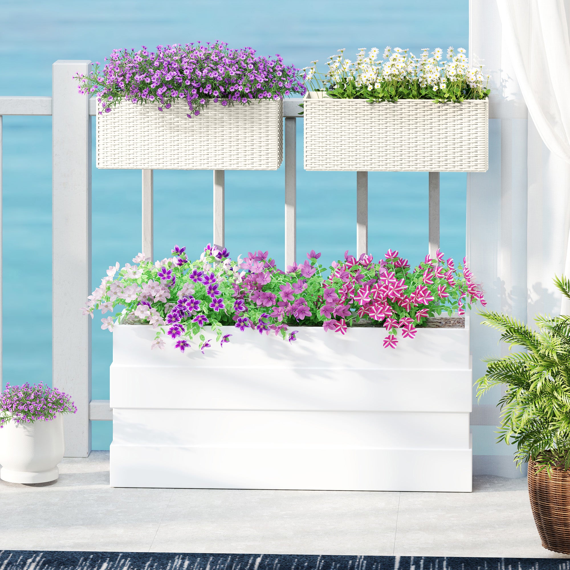 2 Pack 20 Inch Railing Flower Pots, Hanging Flower Pots with Hooks, Drainage Holes for Fence, Rattan Look, White