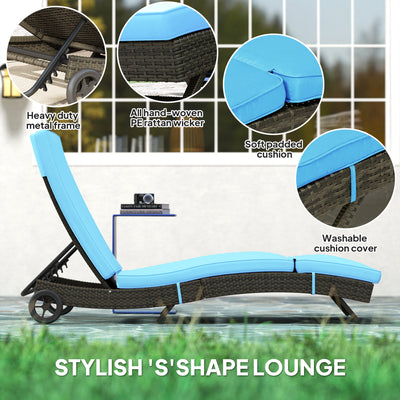 Patio Wicker Chaise Lounge Chair, Outdoor PE Rattan Sun lounger with Adjustable Backrest and 2 Wheels