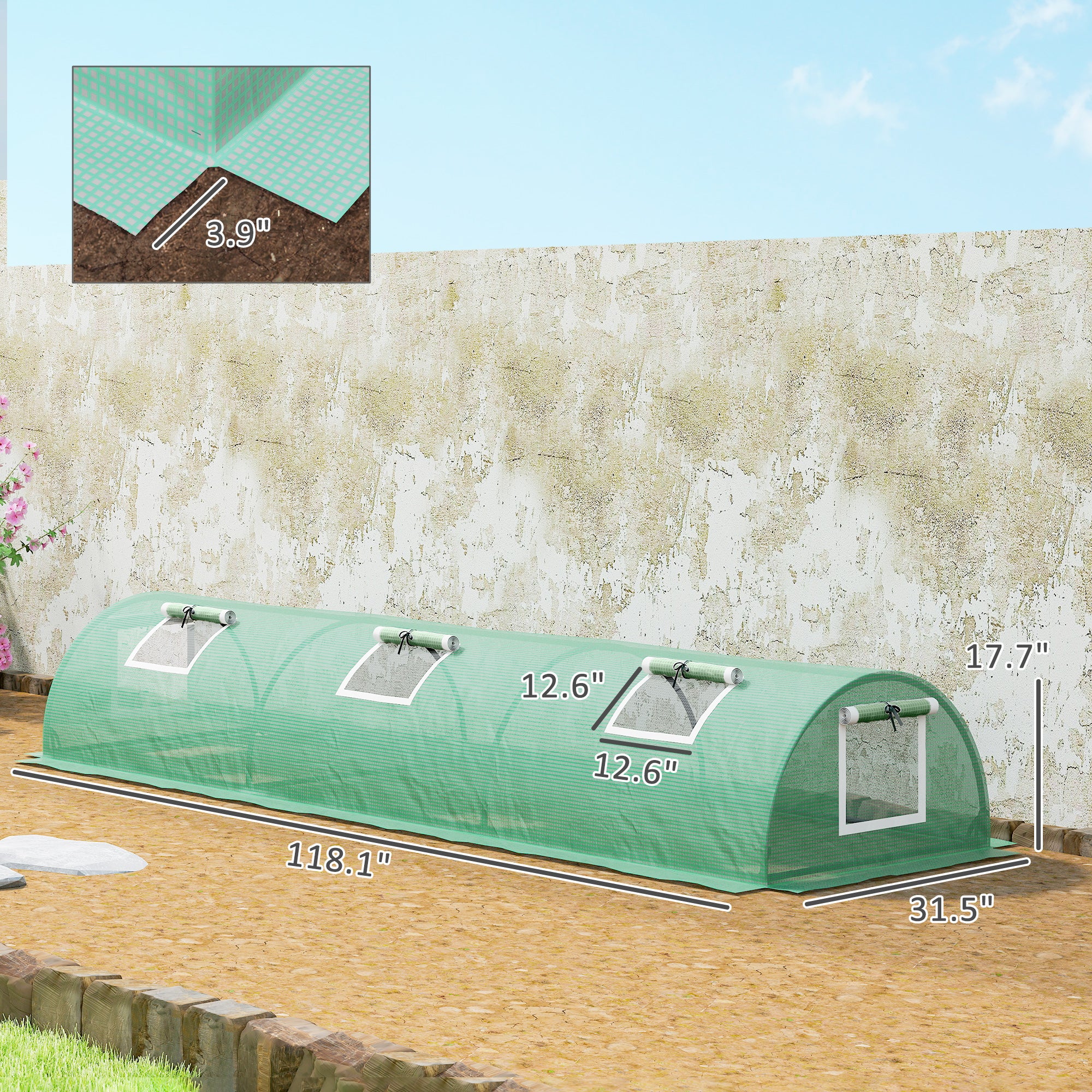 Mini Greenhouse with 5 Mesh Windows, Portable Plant Hot House with PE Cover and Steel Frame, 10' x 3' x 2' , Green