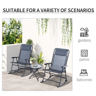 Outdoor Folding Rocking Chair Patio Table Seating Set, 2 Rocking Chairs with Armrests and 1 Side Table with Tempered Glass - Gray