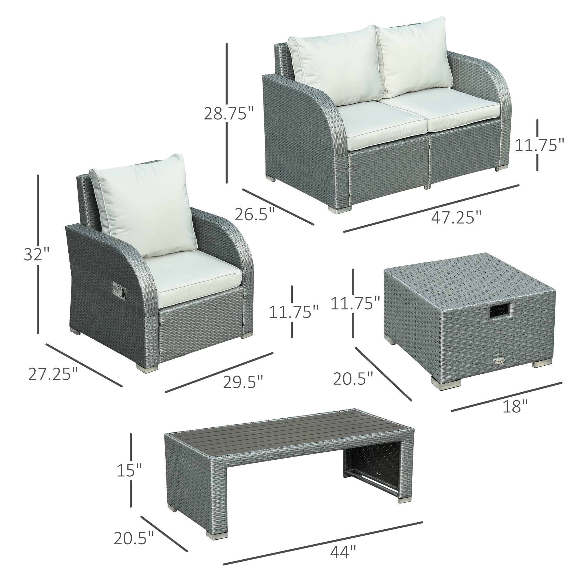 6-PCs Patio Furniture Sets Outdoor Wicker Sofa Set Rattan Angle Adjustable Recline Single Chair Conversation Set, Ottomans, w/ Polyester Tea Table Gas Spring  & Soft Washable Cushions, Grey