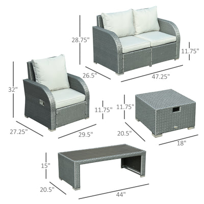 6-PCs Patio Furniture Sets Outdoor Wicker Sofa Set Rattan Angle Adjustable Recline Single Chair Conversation Set, Ottomans, w/ Polyester Tea Table Gas Spring  & Soft Washable Cushions, Grey