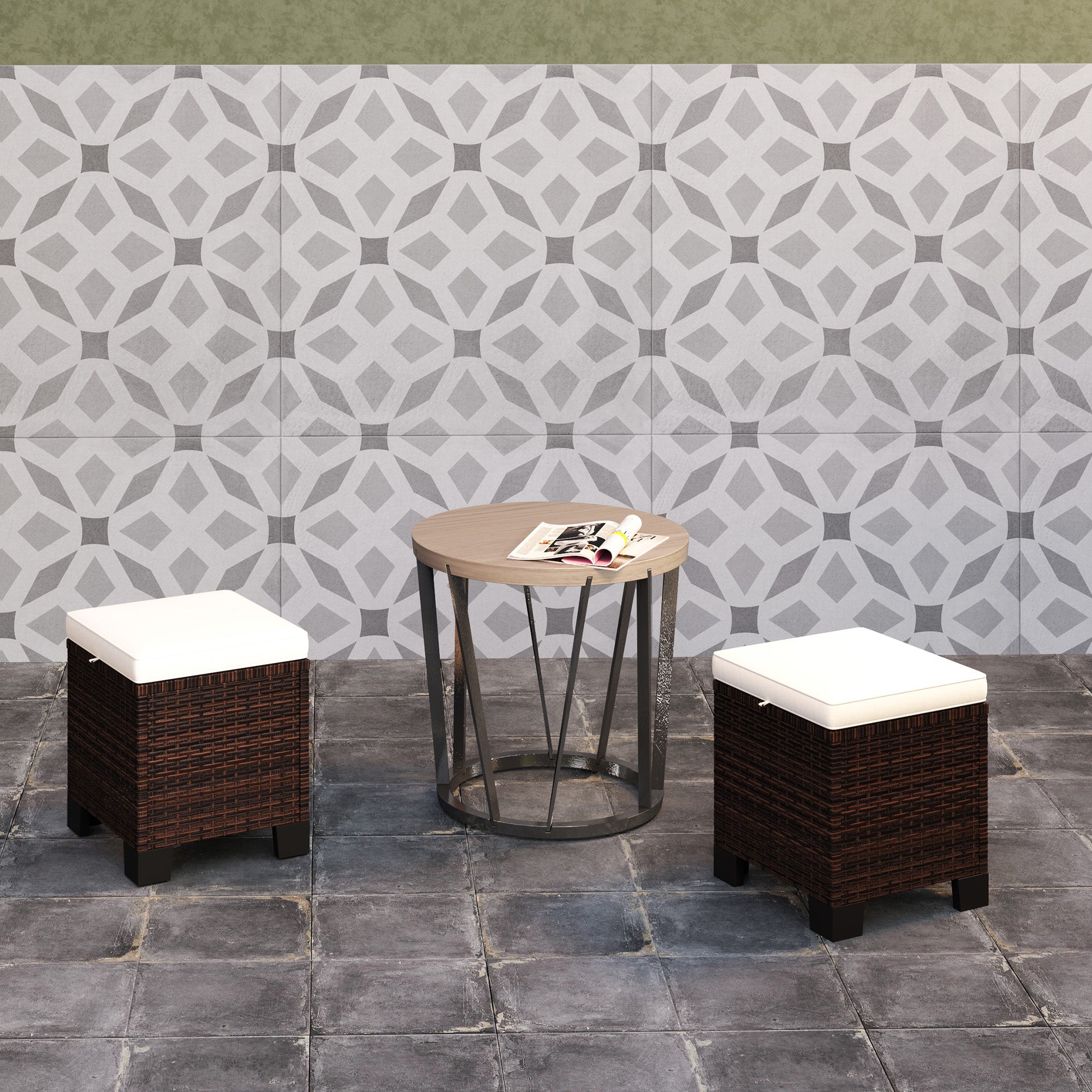 2 Piece Wicker Outdoor Ottomans with Cushions, Rattan Ottoman Footrest and Side Table for Patio, Yard, Poolside