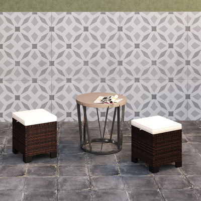 2 Piece Wicker Outdoor Ottomans with Cushions, Rattan Ottoman Footrest and Side Table for Patio, Yard, Poolside