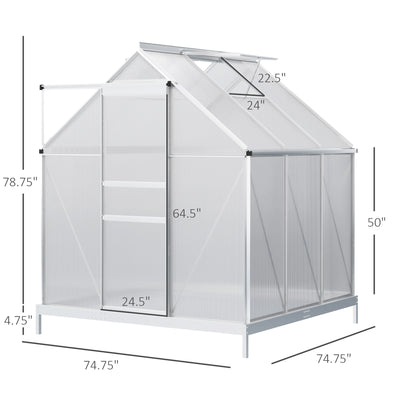 6' x 6' x 6.5' Polycarbonate Greenhouse with Aluminum Frame, Walk-in Heavy Duty Green House with Adjustable Roof Vent, Rain Gutter and Sliding Door for Winter, Silver