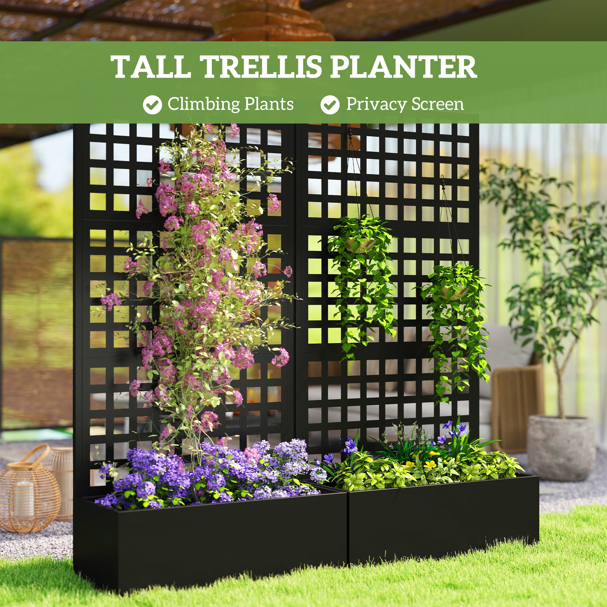 Galvanized Raised Garden Bed Planter Box with Trellis for Climbing Plants, Vegetable, Vines, 35" x 16" x 70"