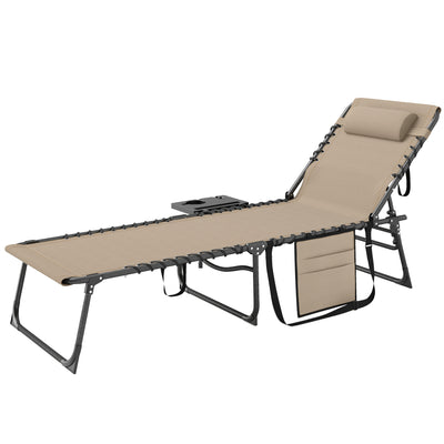 Folding Outdoor Chaise Lounge Chair Tanning Chair with 5-Level Adjustable Back, Side Table, Pillow, Pocket