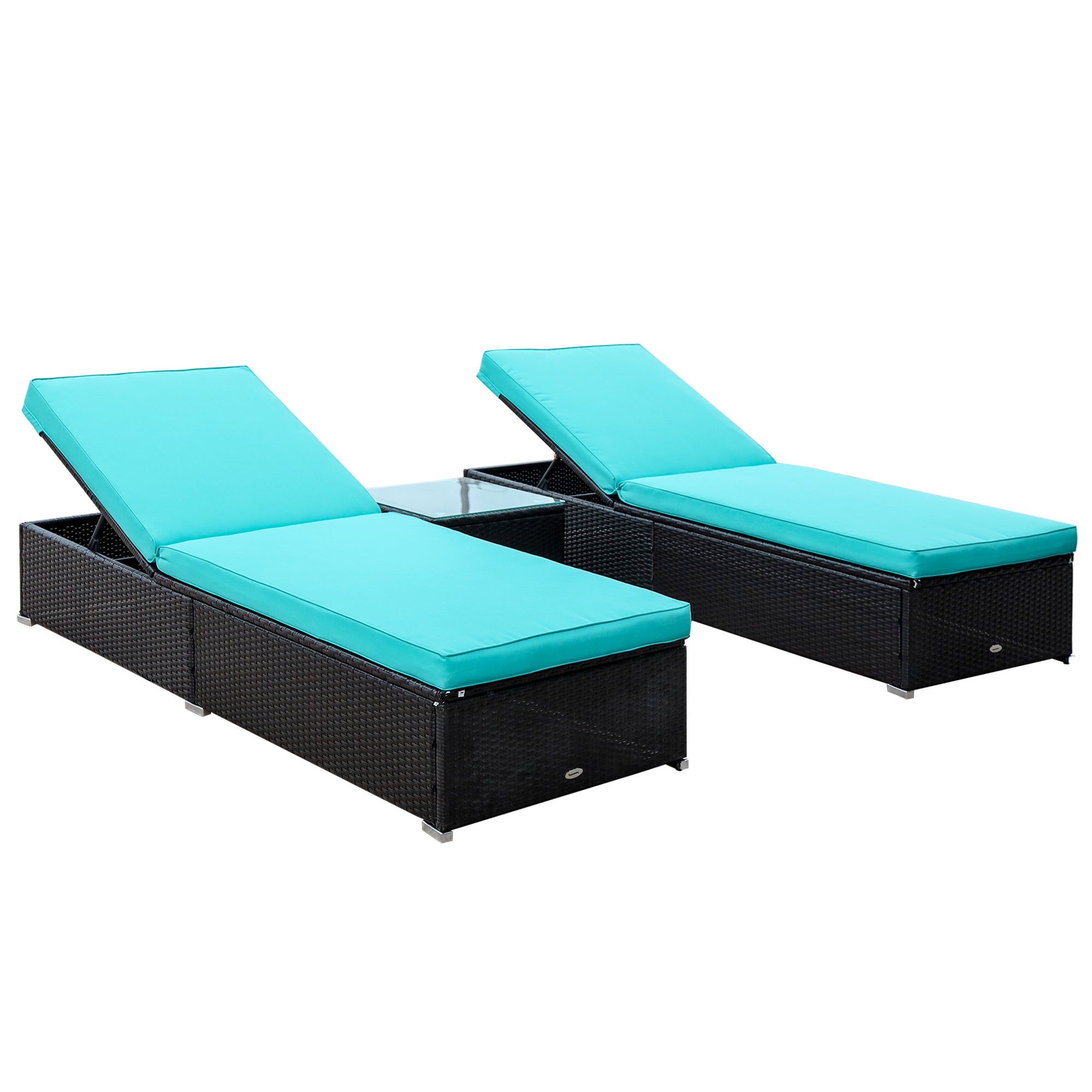 Chaise Lounge Chair Set of 2 with 5 Angle Backrest, Outdoor Coffee Table, Water Repellent Cushions, PE Rattan Wicker Poolside Chairs, 3-Piece Pool Furniture Set, Dark Brown/Turquoise