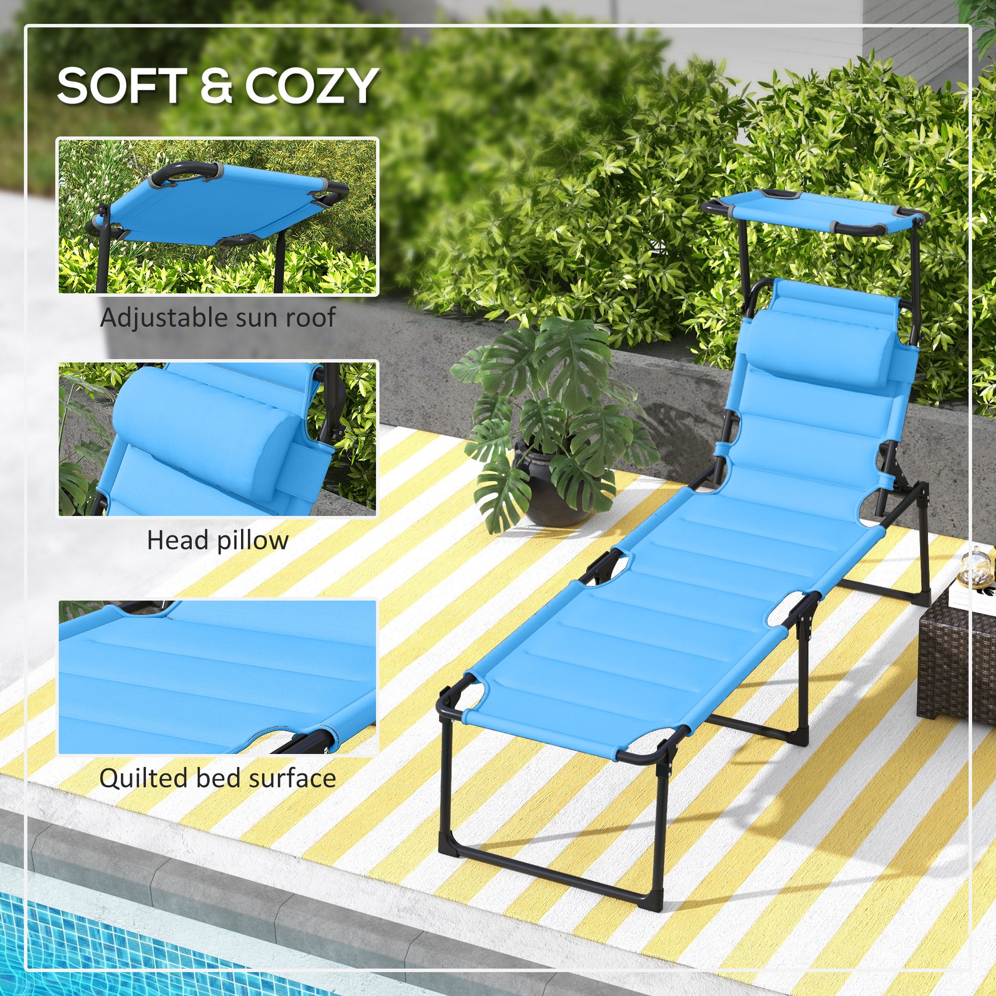 2 Pcs Outdoor Lounge Chair, 4 Position Adjustable Backrest, Folding, Cushioned w/ Sun Shade Roof & Pillow