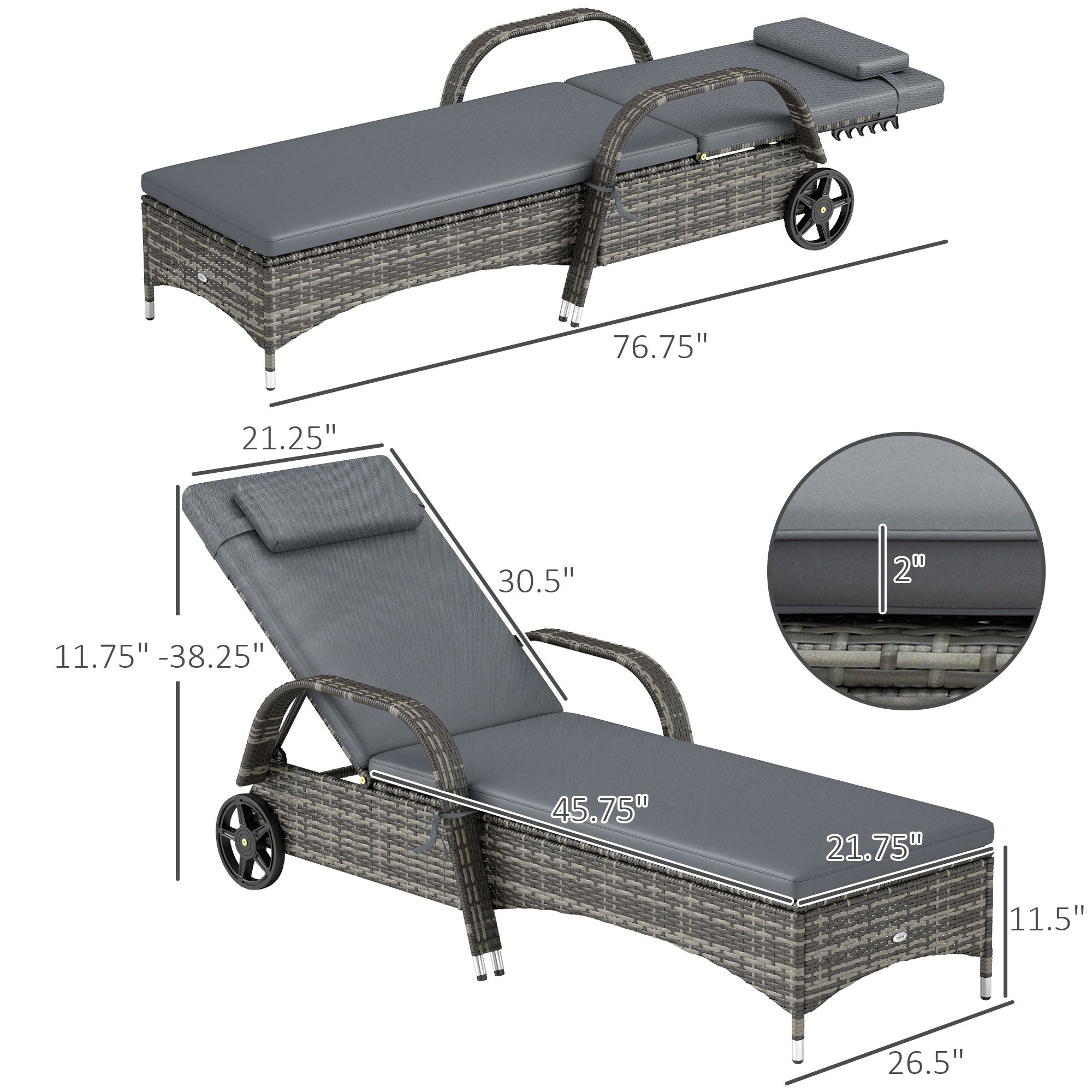 Outdoor Chaise Lounge, 5-Level Adjustable Backrest Rattan Pool Lounge Chair with Wheels, Cushion & Headrest