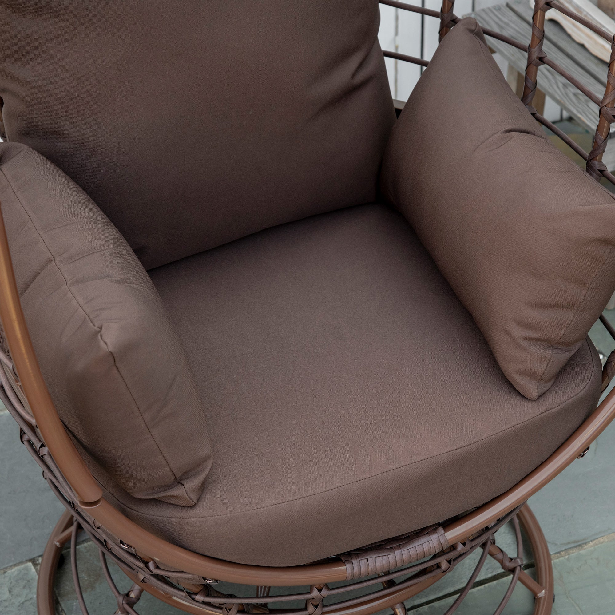 Wicker Egg Chair, 360 Rotating Indoor Outdoor Boho Basket Seat with Cushion and Pillows for Backyard, Porch, Patio, Garden, Handwoven All-Weather PE Rattan, Steel Frame, Brown