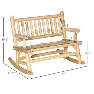 2-Person Wood Rocking Chair with Log Design, Heavy Duty Loveseat with Wide Curved Seats for Patio, Backyard, Garden
